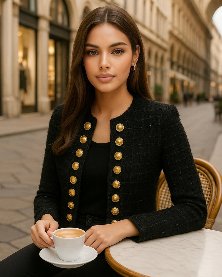 Black Ribbed Tweed Gold Button Jacket
