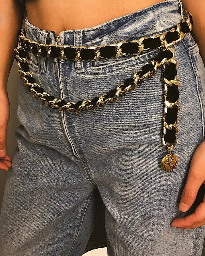Vintage Couture Black & Gold Chain Tassel Belt