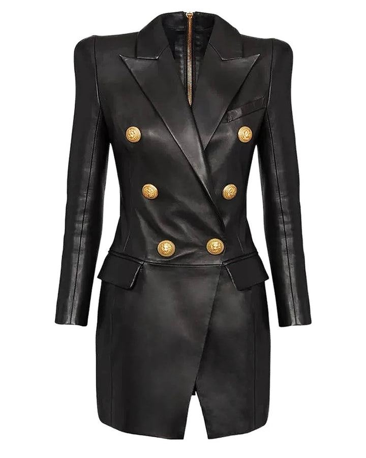 Black Leather Gold Button Blazer Dress