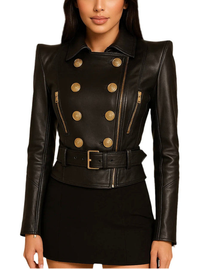 Black Runway Leather Gold Button Moto Jacket