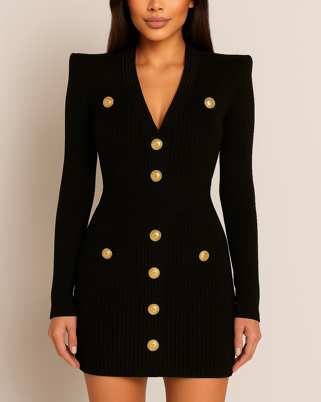 Black Long Sleeve Gold Button Bandage Dress – Haute In Couture
