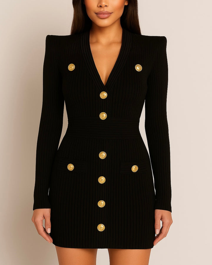 Black Long Sleeve Gold Button Bandage Dress