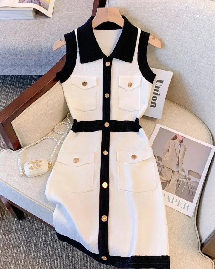 Black & White Couture Gold Button Sleeveless Dress