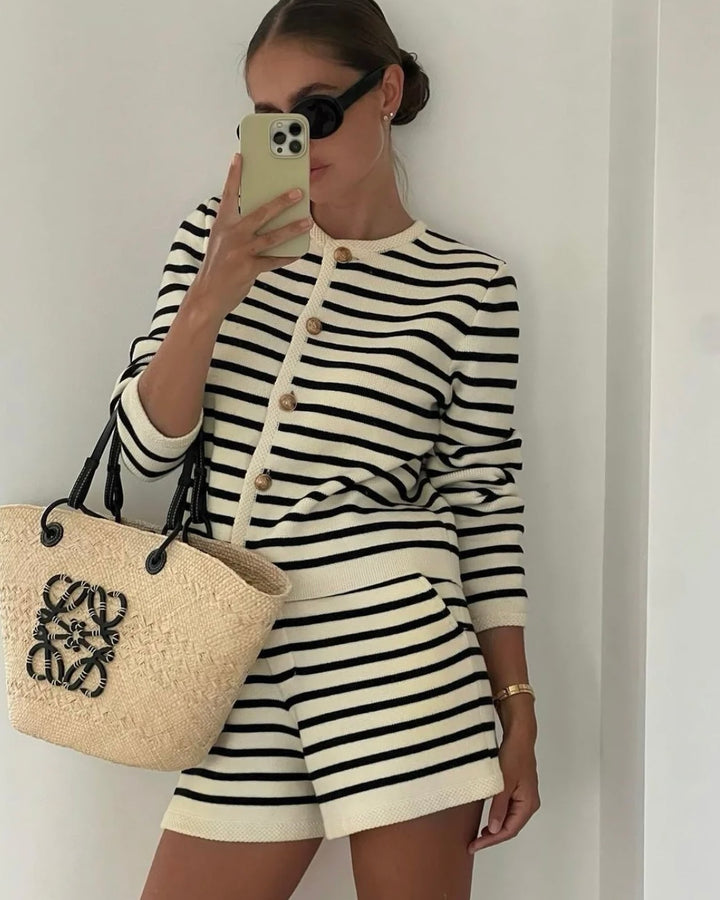 Mykonos Striped Gold Button Cardigan & Shorts Matching Set