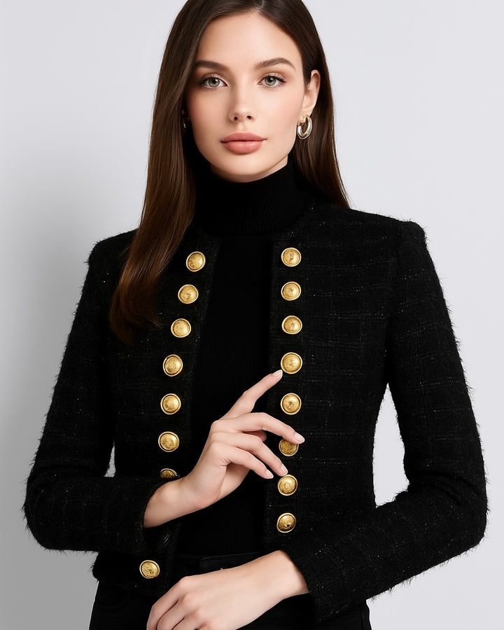 Black Ribbed Tweed Gold Button Jacket
