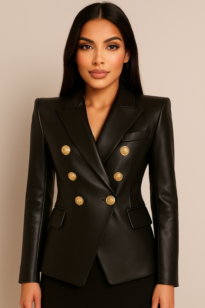 Black Leather Double Breasted Gold Button Blazer