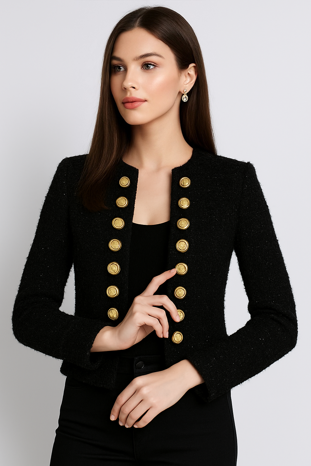 Black Ribbed Tweed Gold Button Jacket