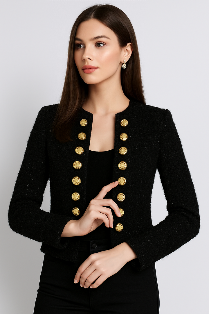 Black Ribbed Tweed Gold Button Jacket
