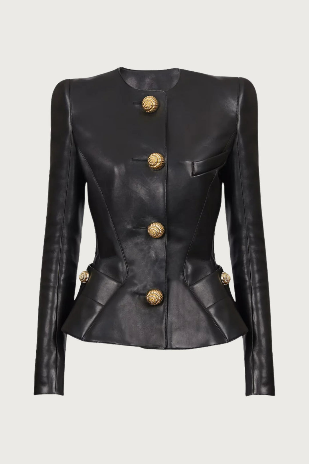 Black Leather Peplum Gold Button Blazer