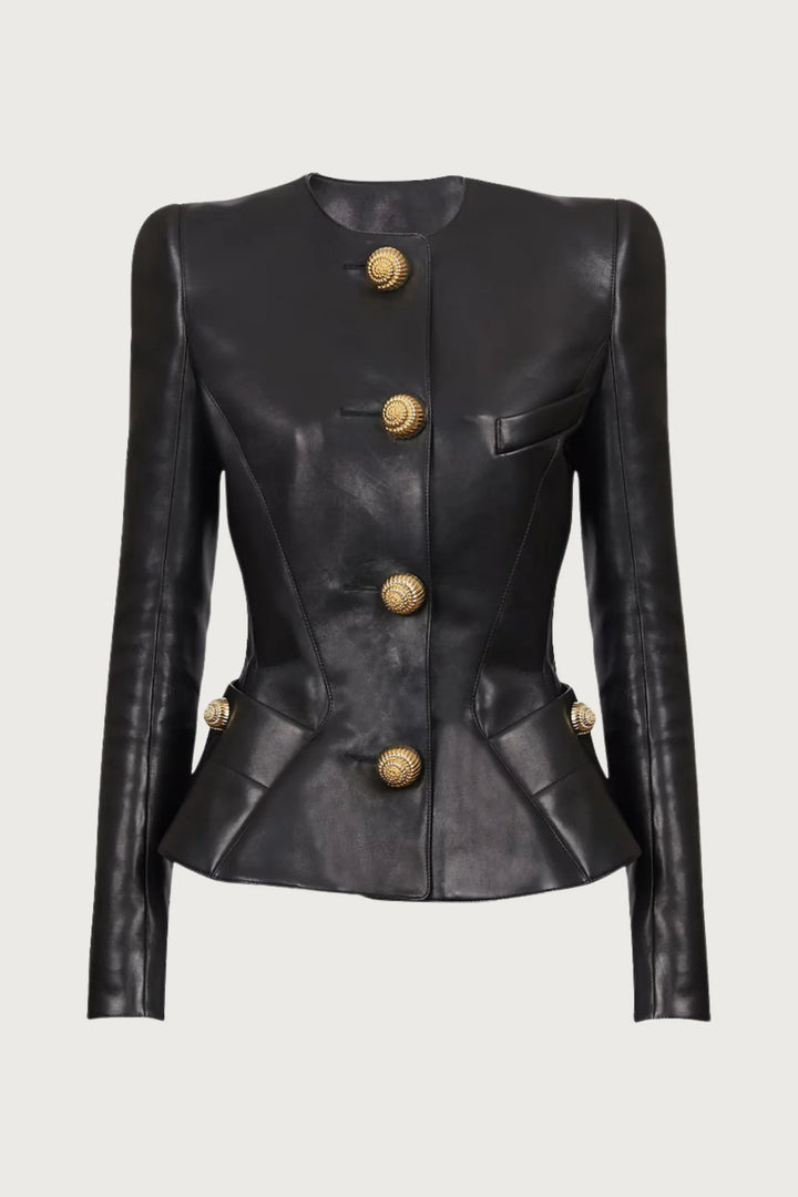 Black Leather Peplum Gold Button Blazer