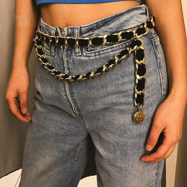 Vintage Couture Black & Gold Chain Tassel Belt