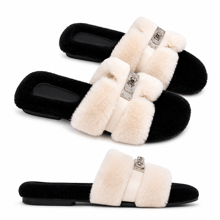 Monroe Shearling Silver Hardware H Faux-Fur Slides