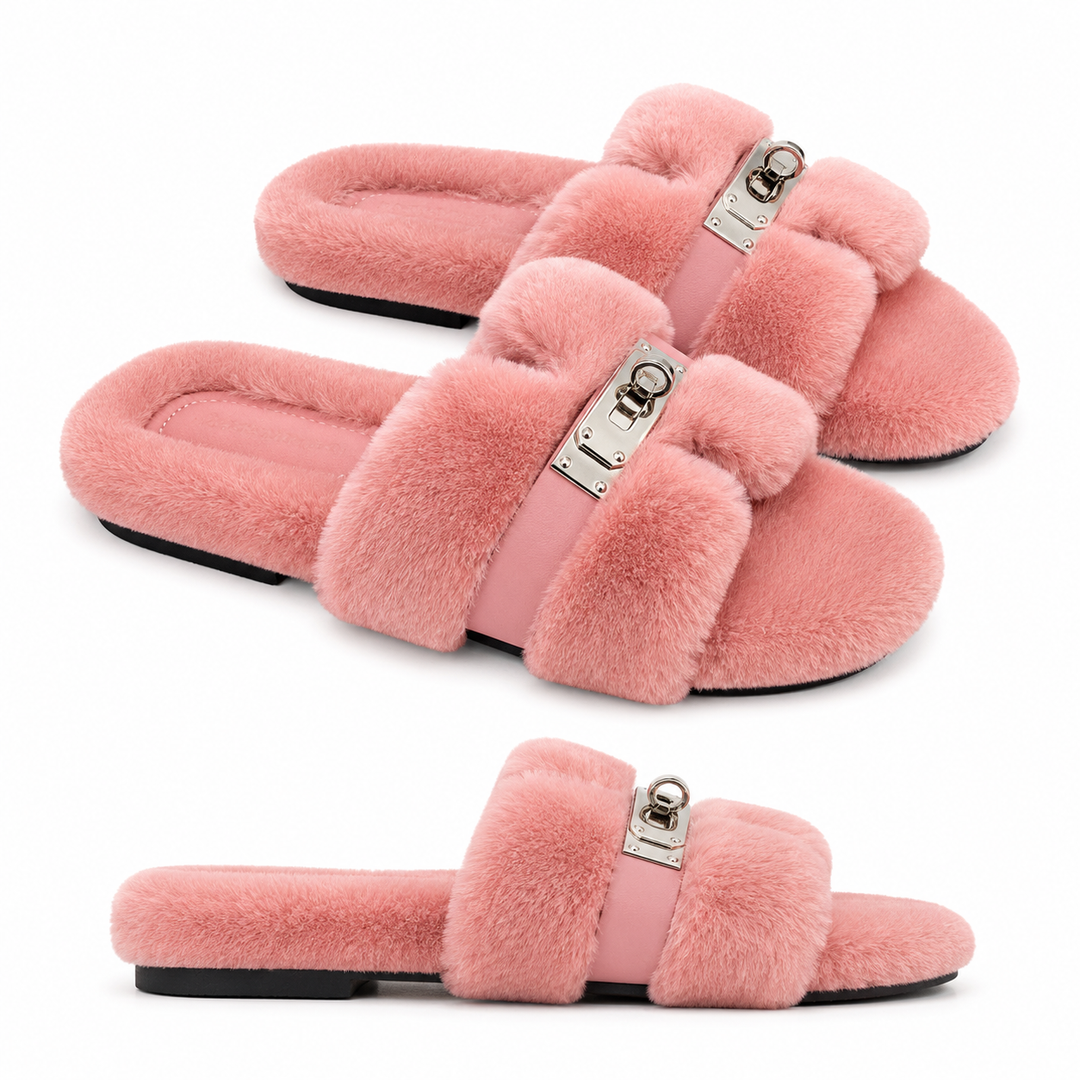Monroe Shearling Silver Hardware H Faux-Fur Slides