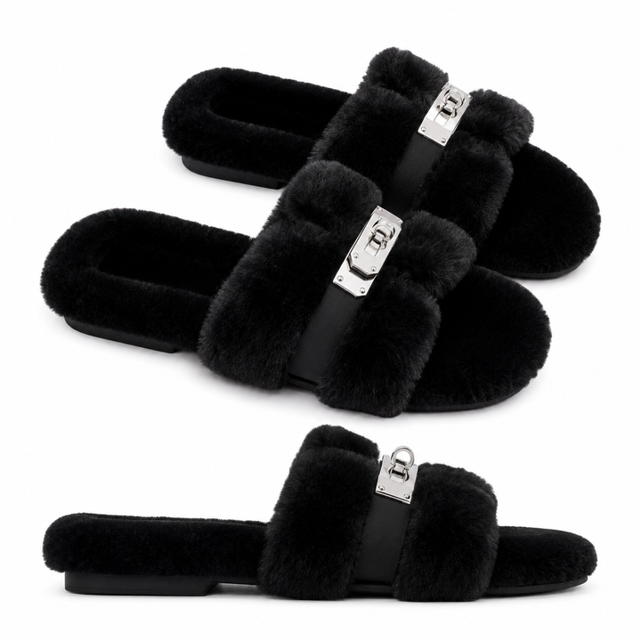 Monroe Shearling Silver Hardware H Faux-Fur Slides