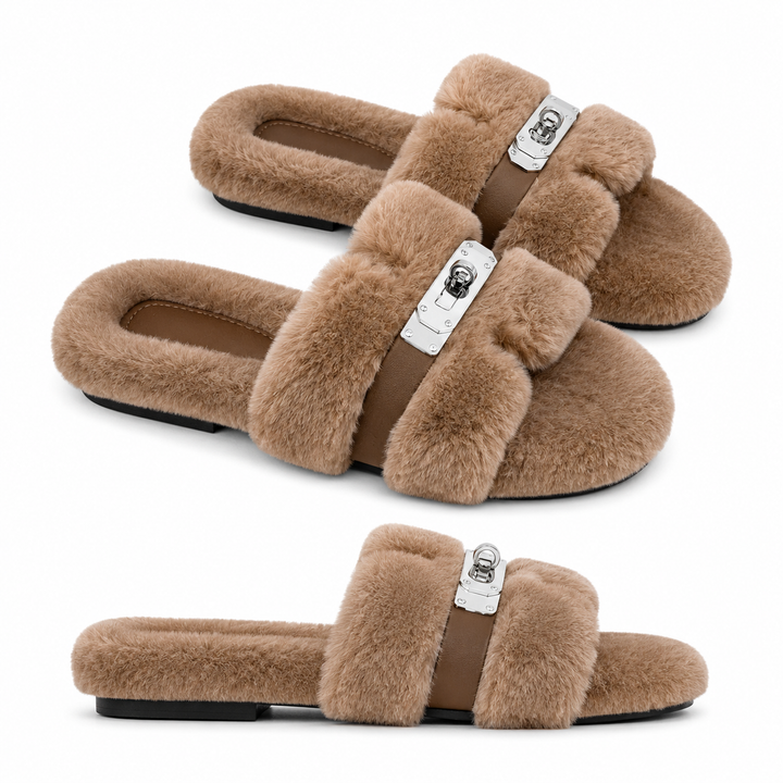 Monroe Shearling Silver Hardware H Faux-Fur Slides