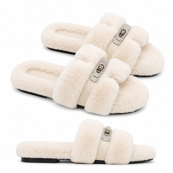 Monroe Shearling Silver Hardware H Faux-Fur Slides