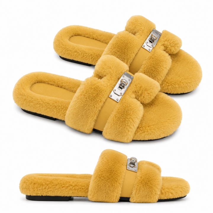 Monroe Shearling Silver Hardware H Faux-Fur Slides