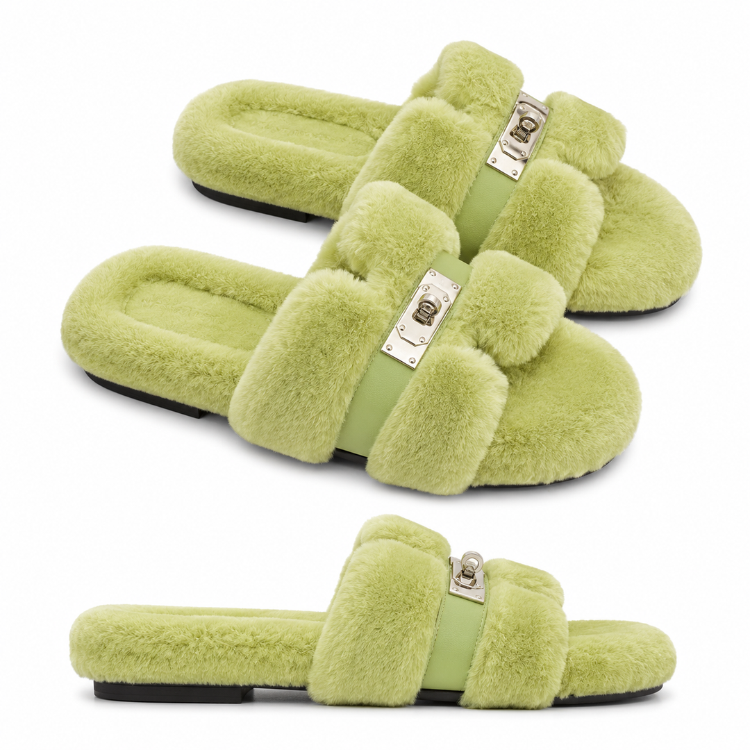 Monroe Shearling Silver Hardware H Faux-Fur Slides