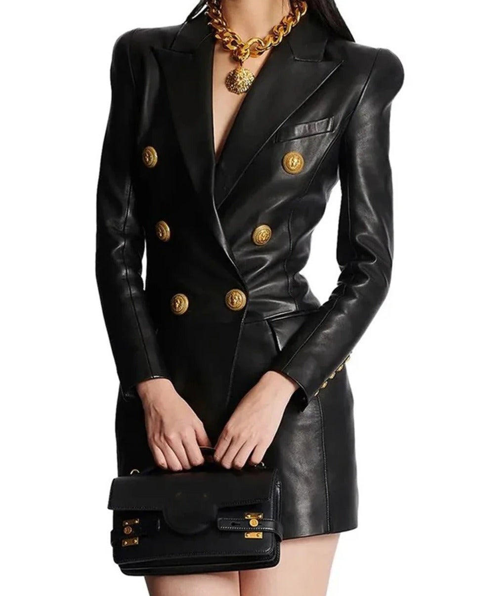 Black Leather Gold Button Blazer Dress Haute In Couture Black Leather Gold Button Blazer Dress Haute In Couture