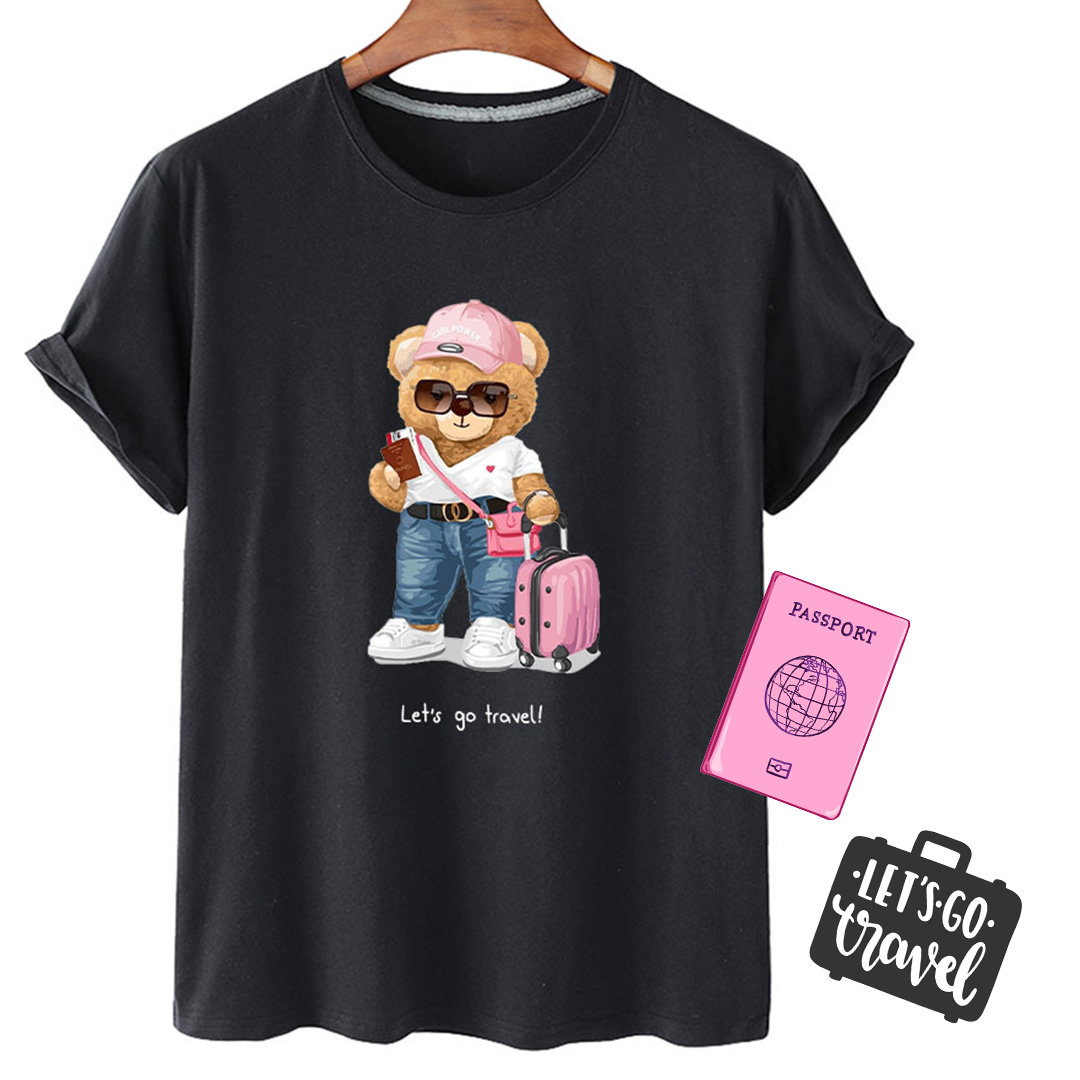 "Lets Go Travel" Stylish Bear Short Sleeved Graphic Tee