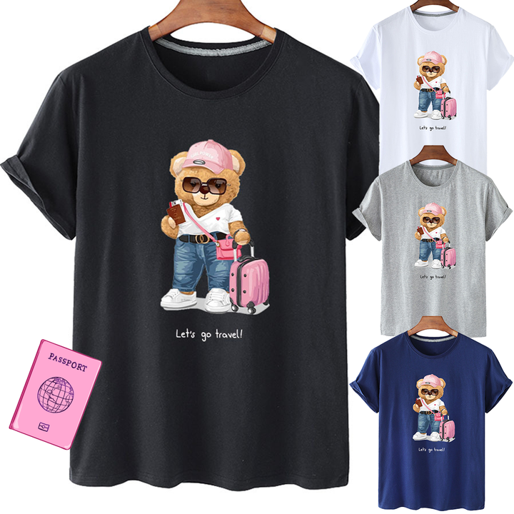"Lets Go Travel" Stylish Bear Short Sleeved Graphic Tee