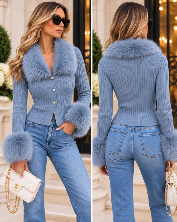 Faux Fur Trim Knit Women's Cardigan