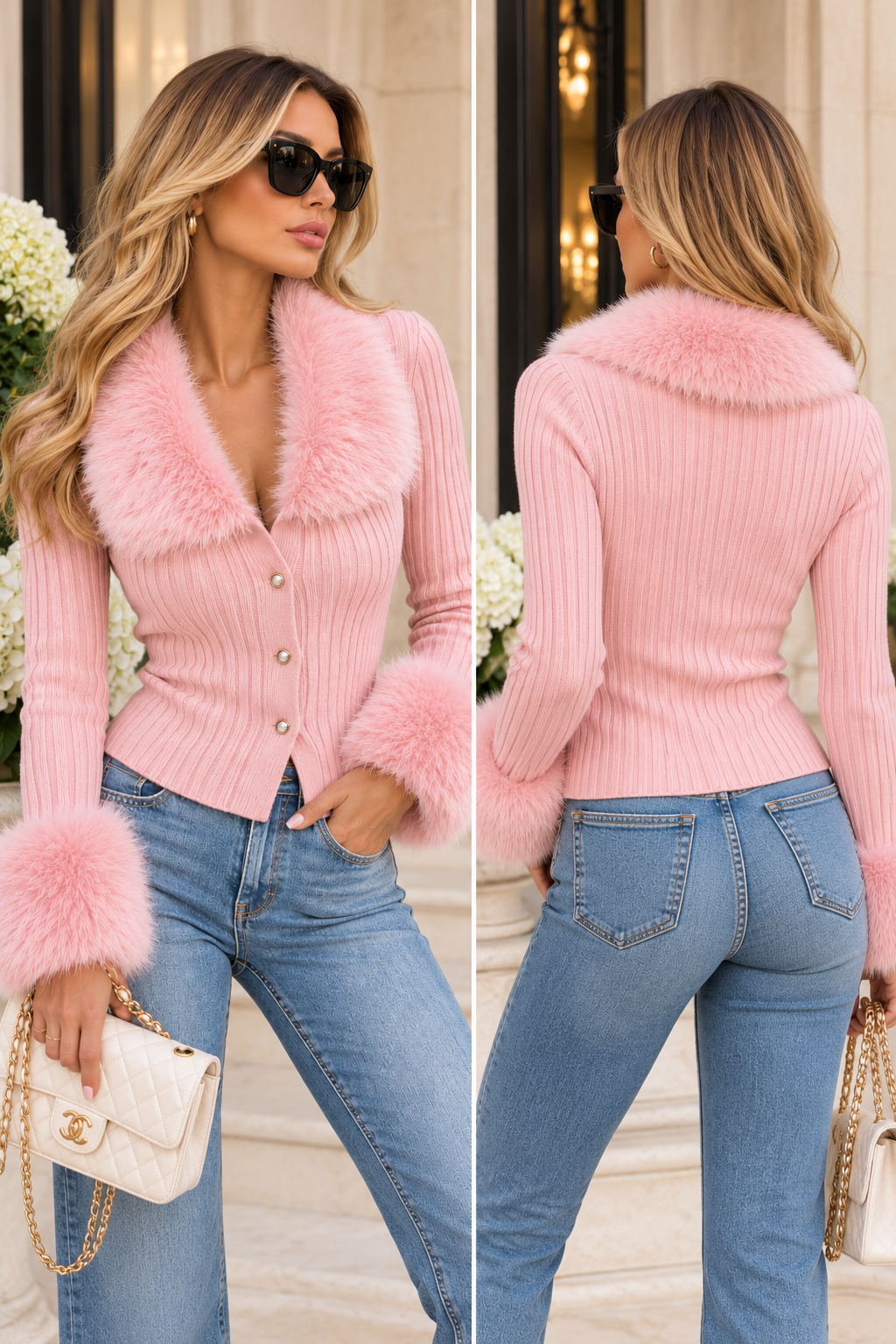 Faux Fur Trim Knit Women's Cardigan