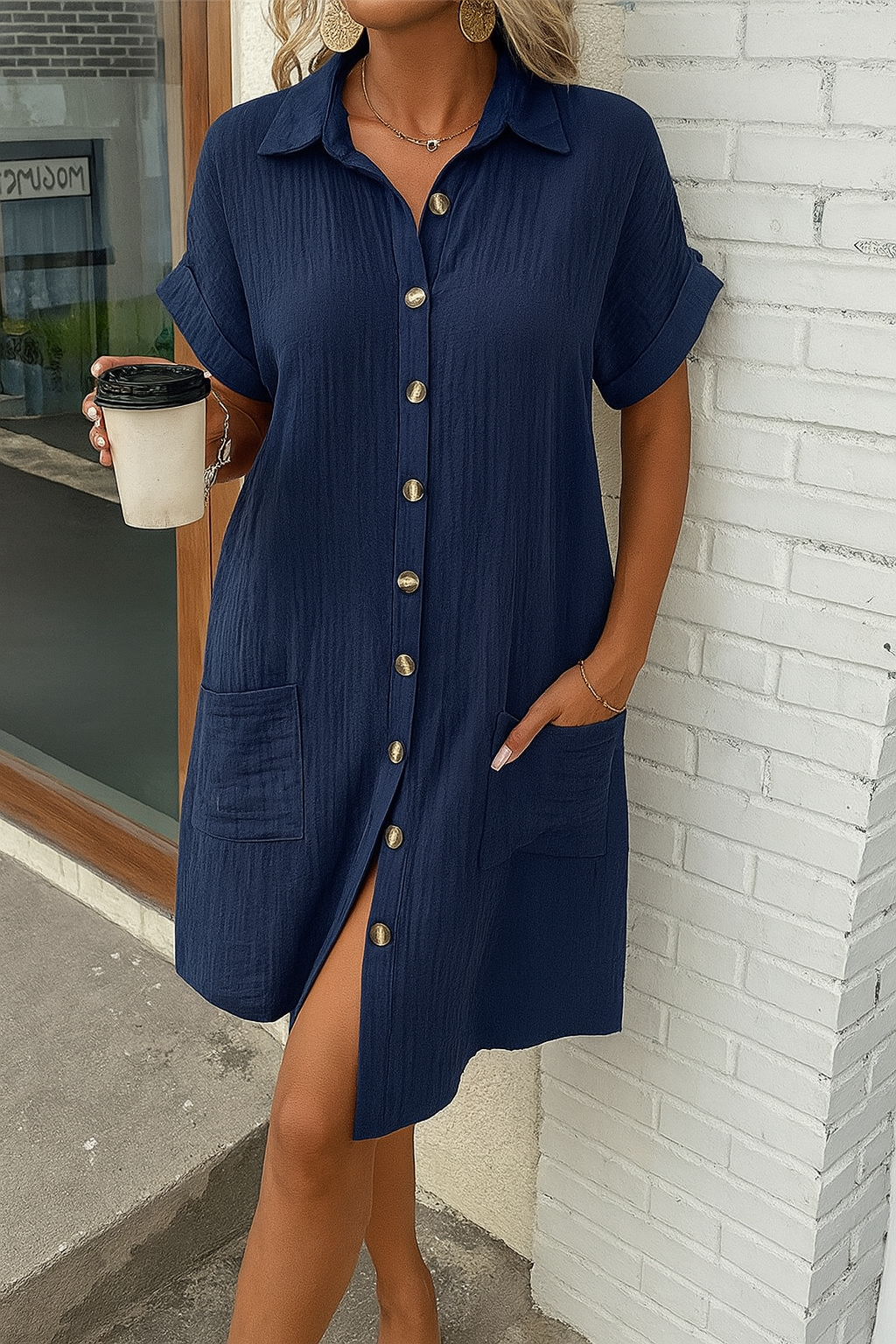 Monaco Women's Button Down Polo Style Shirt Dress With Pockets