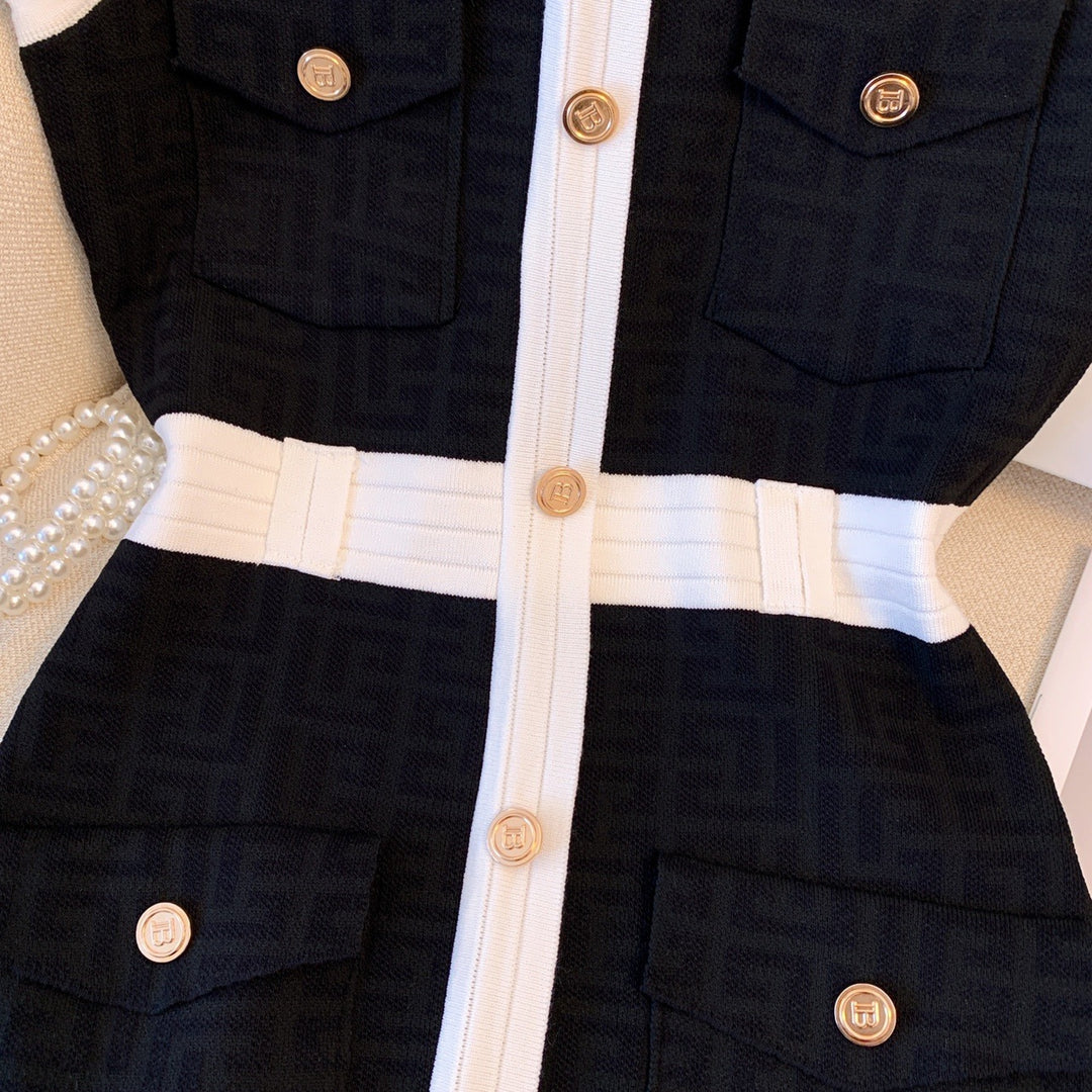 Black & White Couture Gold Button Sleeveless Dress