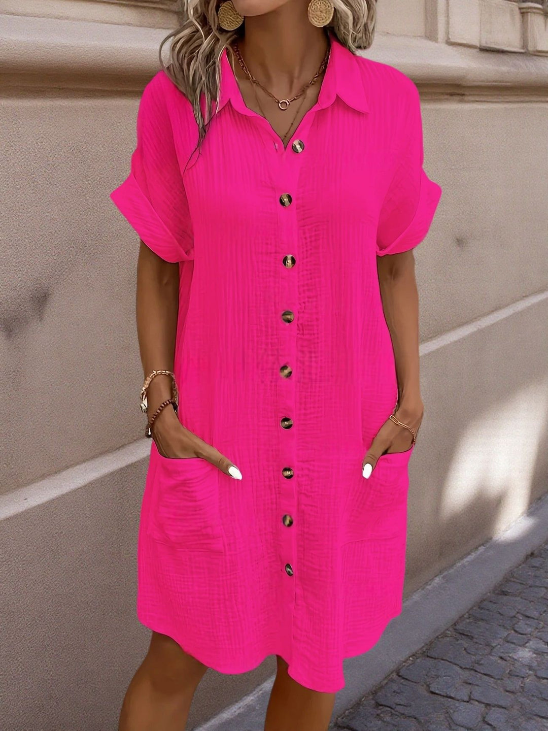 Monaco Women's Button Down Polo Style Shirt Dress With Pockets