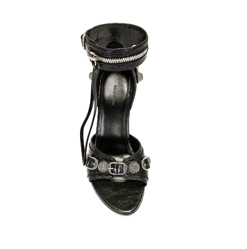 Black Leather Metal Embellished Ankle Strap Buckle Sandal