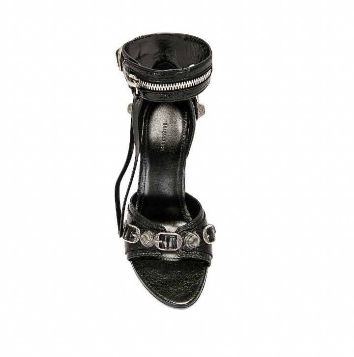 Black Leather Metal Embellished Ankle Strap Buckle Sandal