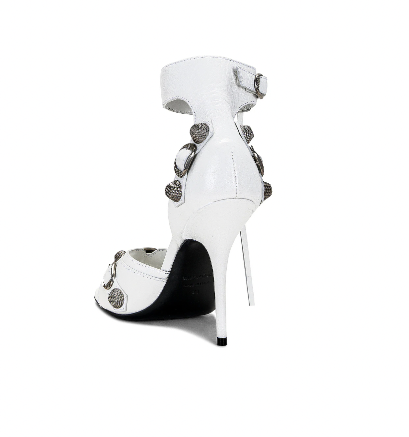 White Leather Metal Embellished Ankle Strap Buckle Sandal