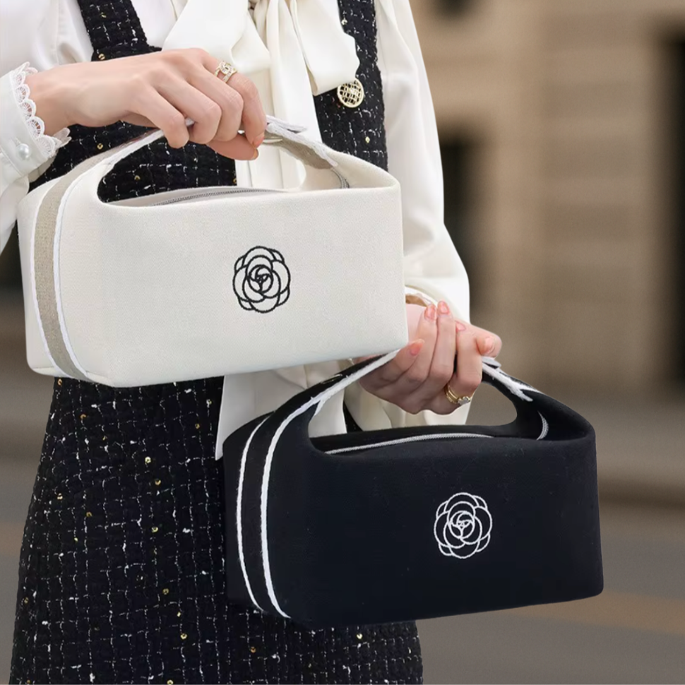 Chic & Luxurious Camellia Embroidered Vanity Case & Clutch