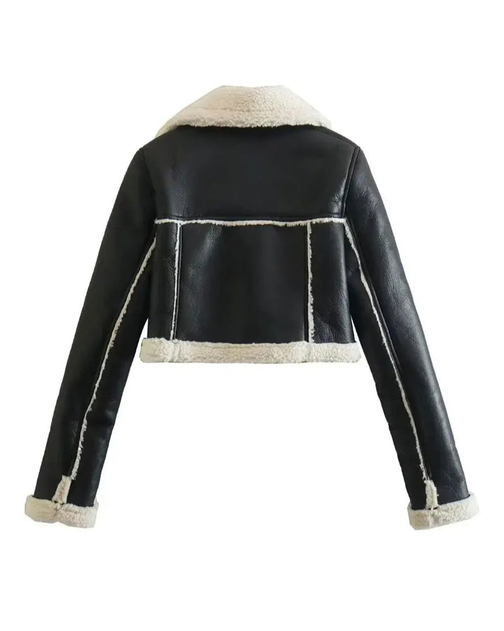 Black Leather Faux Shearling Lambskin Jacket