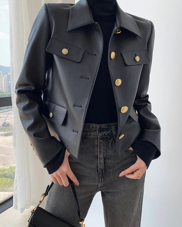 Black Leather Gold Button Jacket