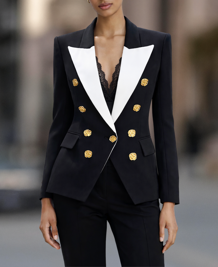 Black & White Double Breasted Gold Floral Button Blazer