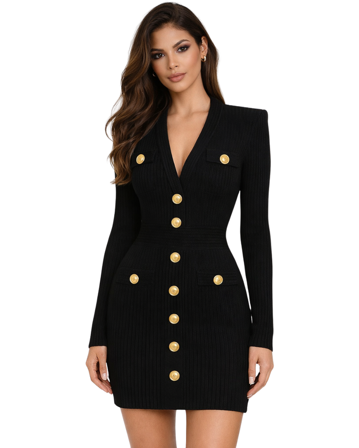 Black Long Sleeve Gold Button Bandage Dress – Haute In Couture