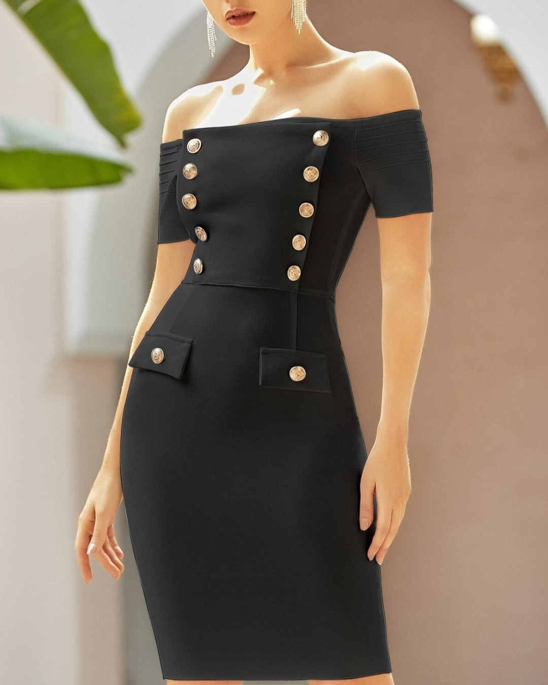 Off The Shoulder Gold Button Bandage Dress