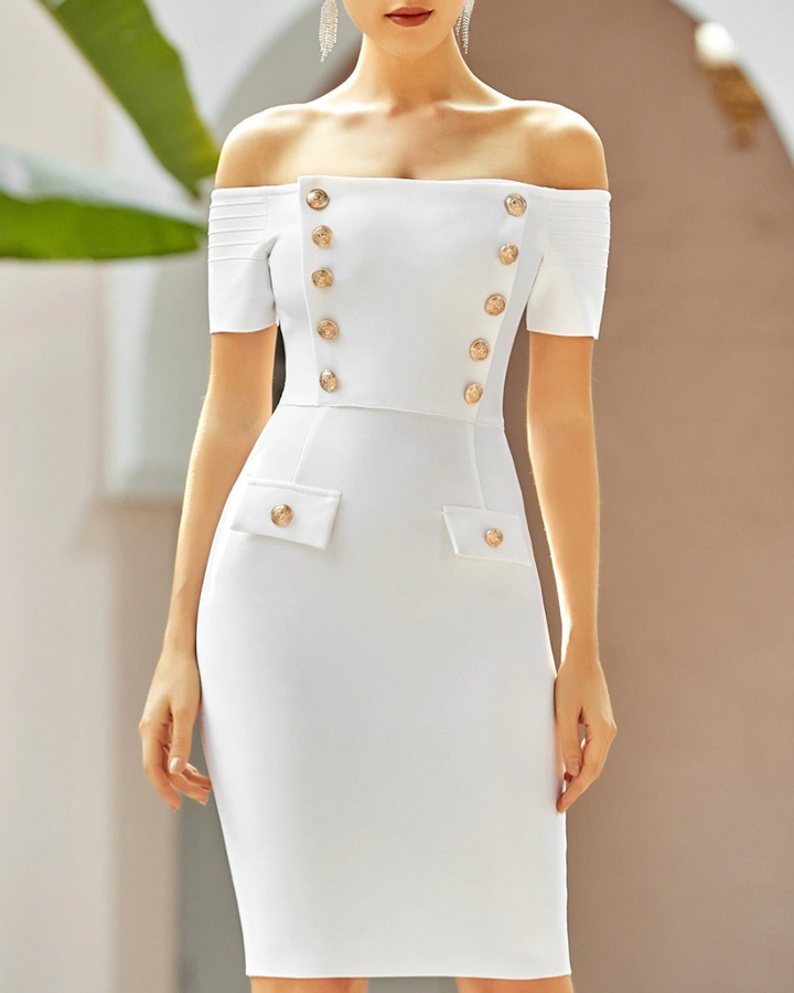Off The Shoulder Gold Button Bandage Dress
