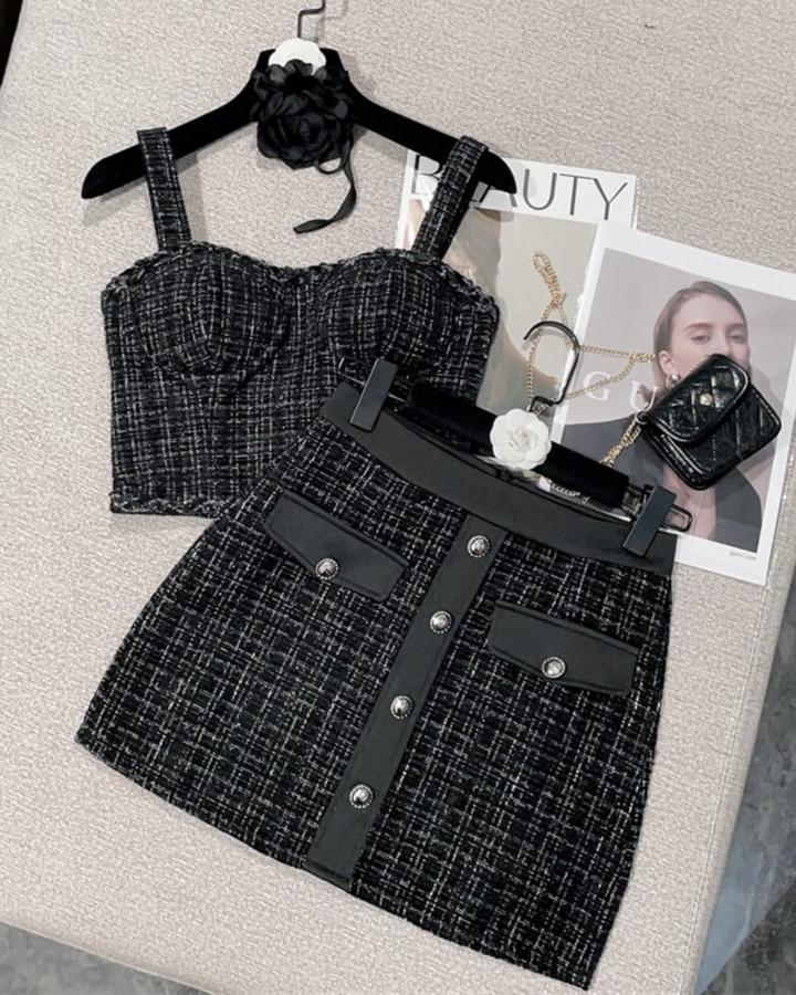 Black Tweed Cropped Top & Matching Skirt Set