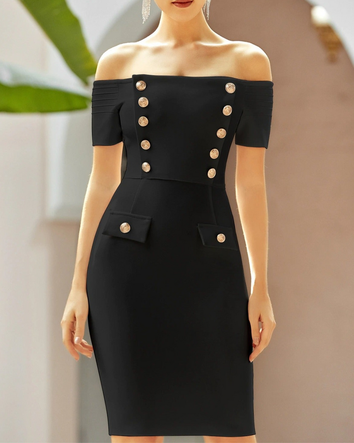 Off The Shoulder Gold Button Bandage Dress