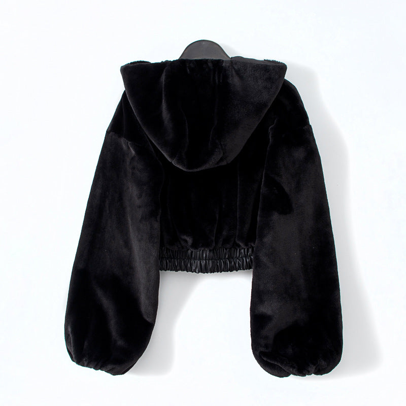 Black Hooded Faux Fox Fur Bomber Jacket
