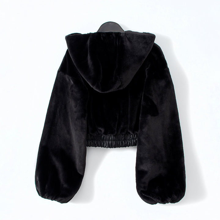 Black Hooded Faux Fox Fur Bomber Jacket