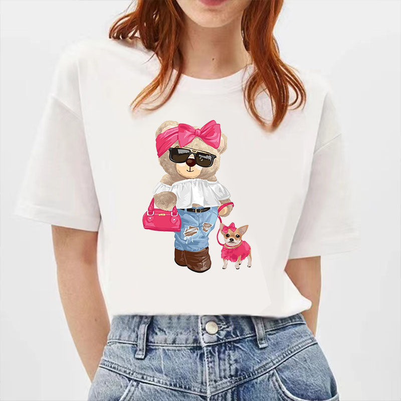 "Stylish Bear & Her Pooch" Short Sleeved Graphic Tee