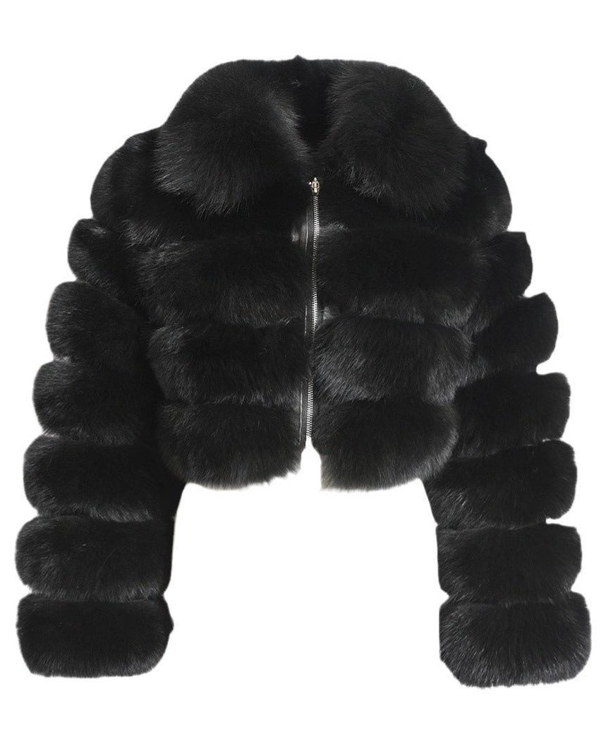 Black Faux Fox Fur Bomber Jacket