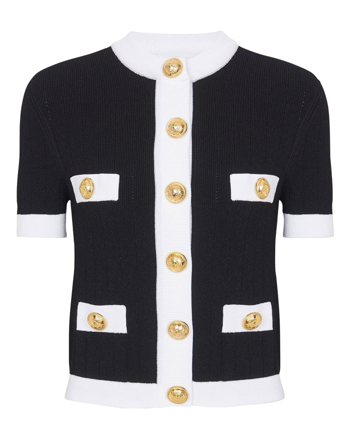Black & White Short Sleeve Ribbed Gold Button Cardigan