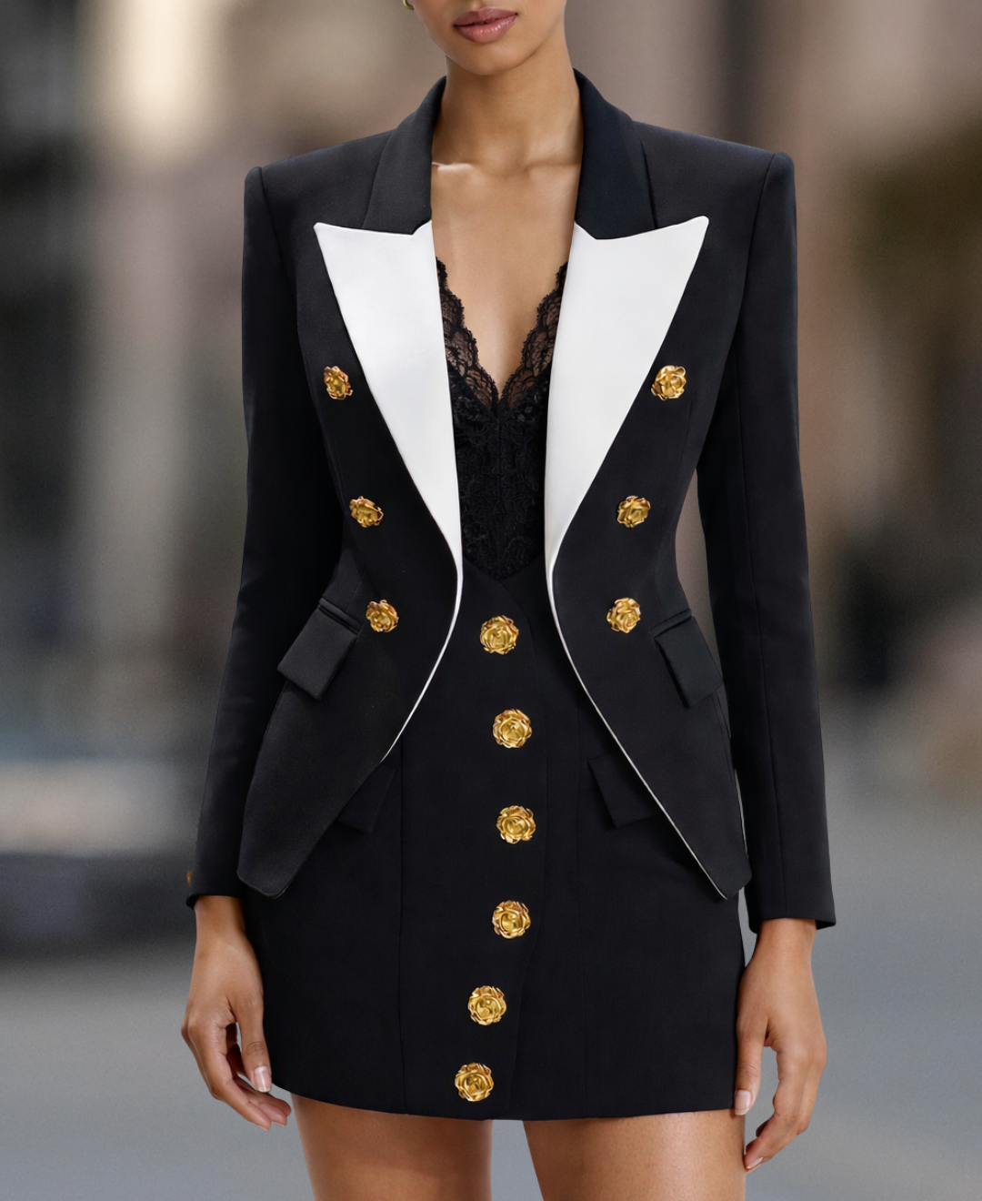 Black & White Double Breasted Gold Floral Button Blazer