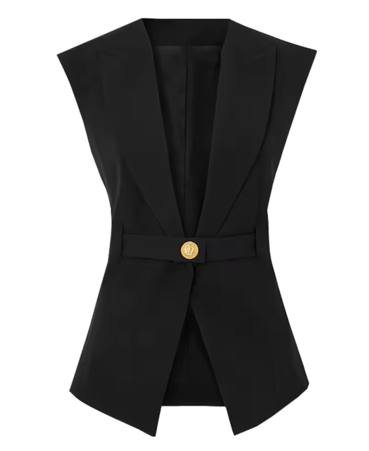 Black Sleeveless Tailored Gold Button Vest