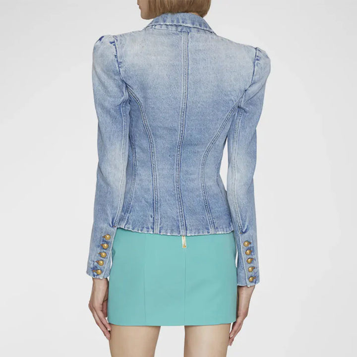 Denim Peak Lapel Double Breasted Gold Button Blazer